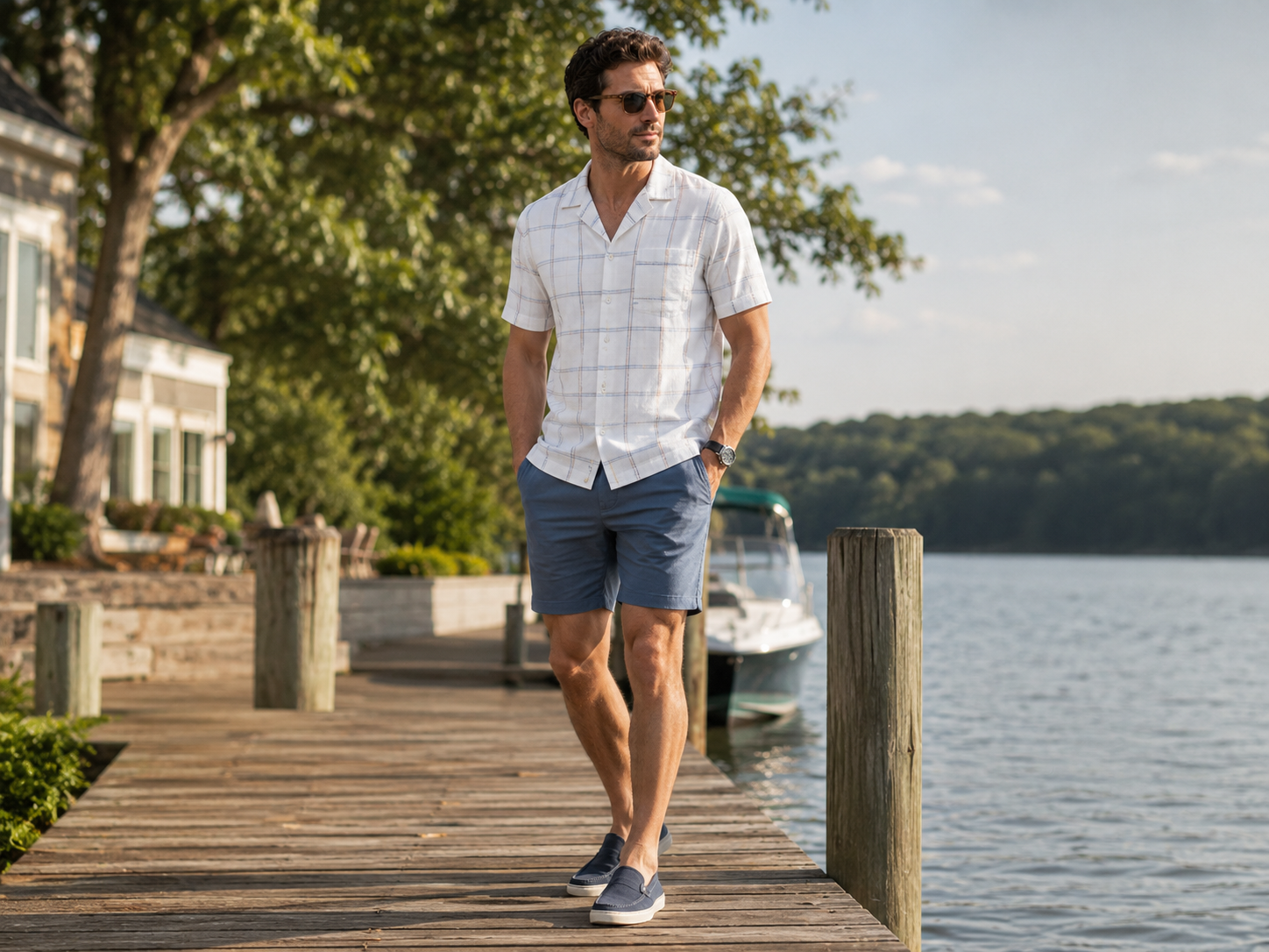 Casual look with pale blue shorts, short-sleeve camp shirt, and flip flops